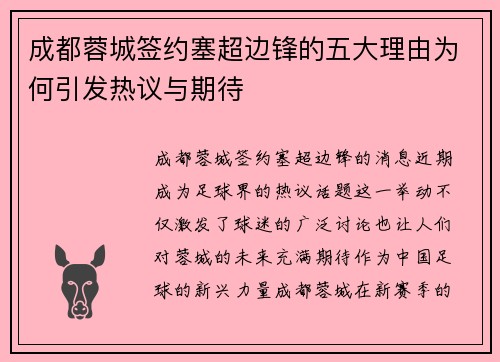 成都蓉城签约塞超边锋的五大理由为何引发热议与期待